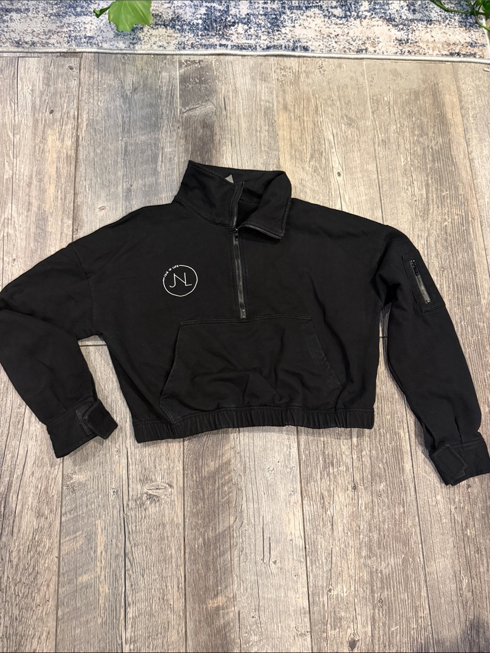 Cropped Black Quarter-Zip Pullover Hoodie with Logo